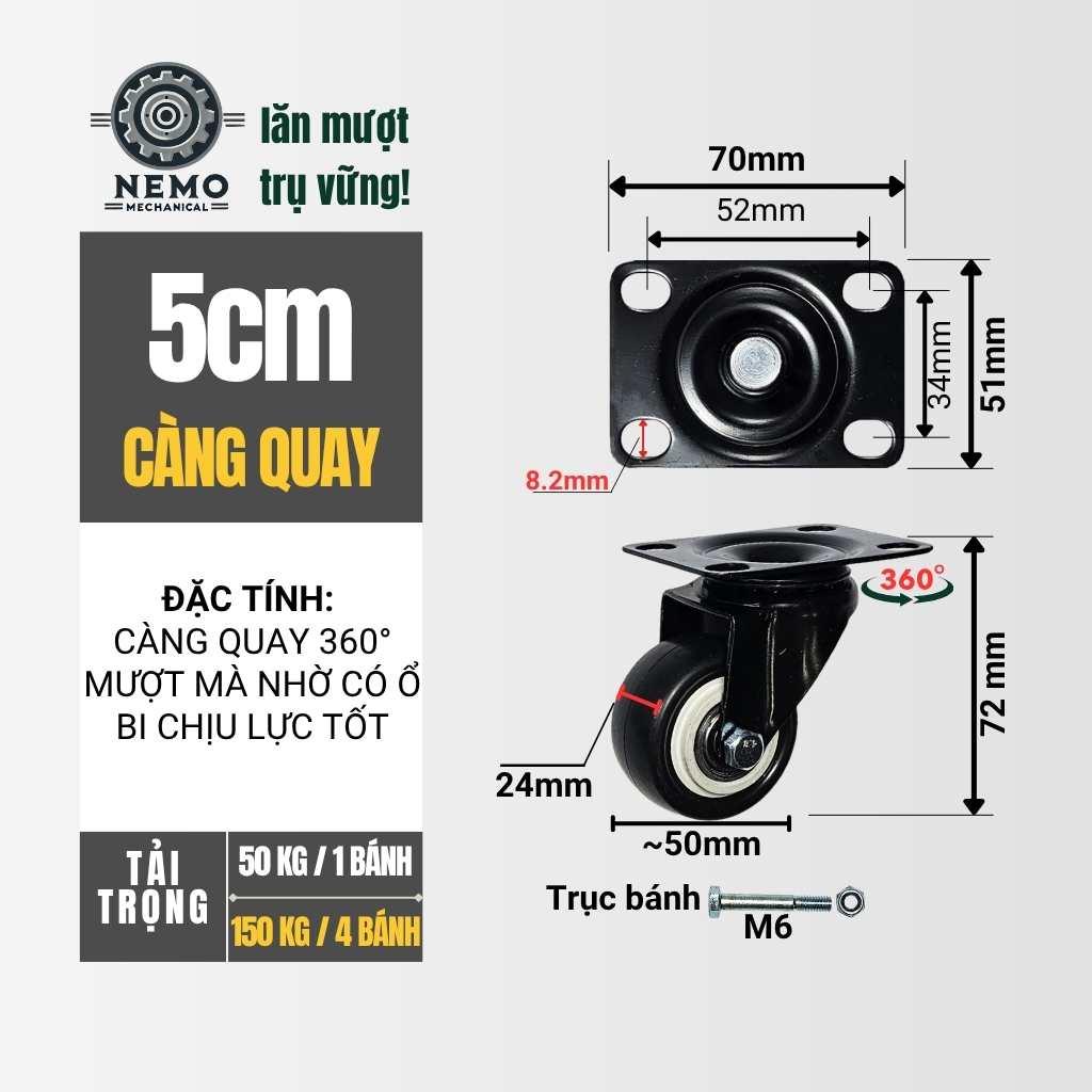 Bánh xe đẩy hàng đen trắng, mặt bích, có bạc đạn, đk bánh 4cm và 5cm, tải trọng 40-50kg/1bánh